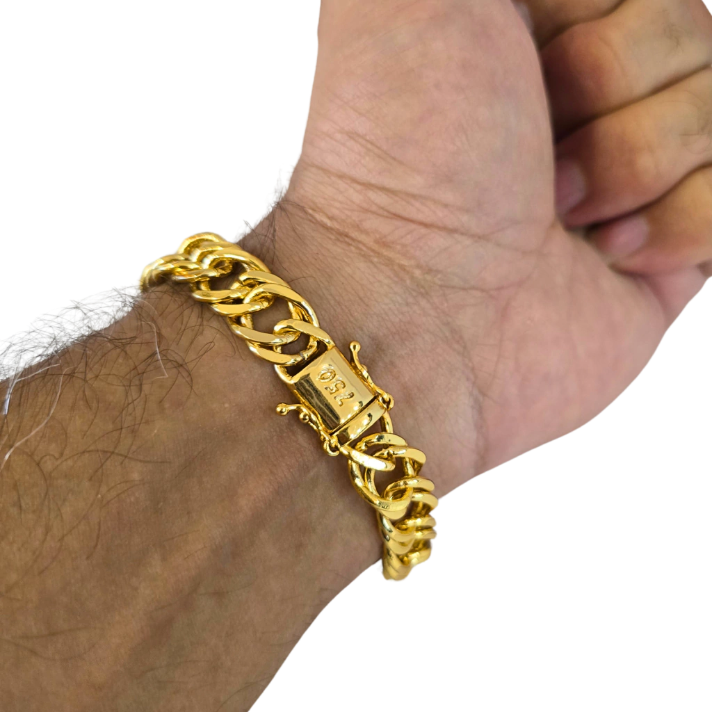 Cordão + Pulseira Grumet 12mm Pingente Fé Diamante Placa Banhado a Ouro 18k