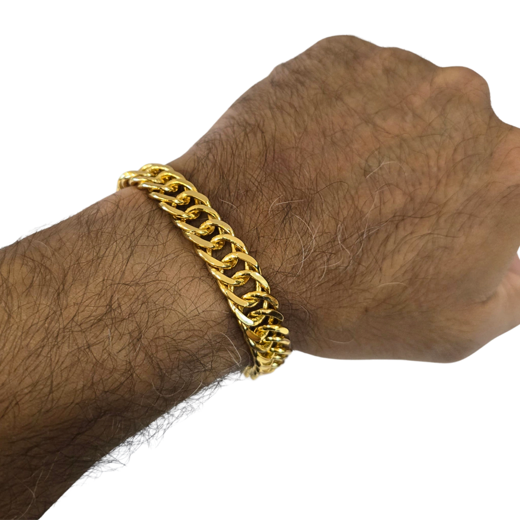 Cordão + Pulseira Grumet 12mm Pingente Fé Diamante Placa Banhado a Ouro 18k