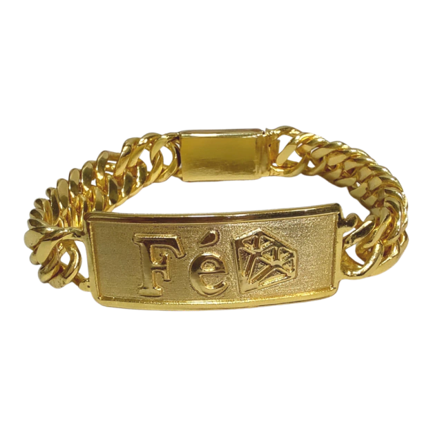 Pulseira Placa Fé Diamante - Grumet 13mm - Fecho Gaveta - Banhado a Ouro 18k