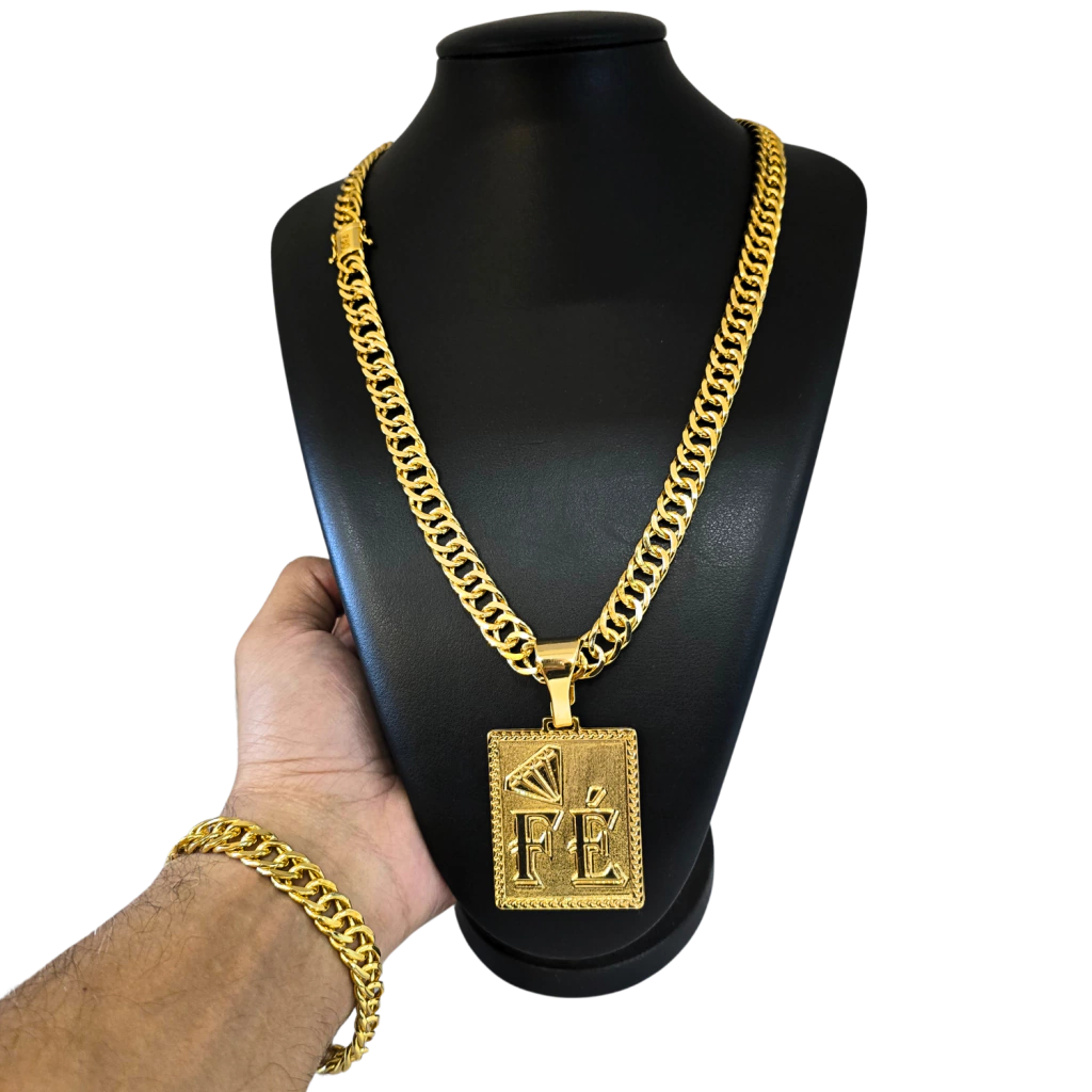 Cordão + Pulseira Grumet 12mm Pingente Fé Diamante Placa Banhado a Ouro 18k
