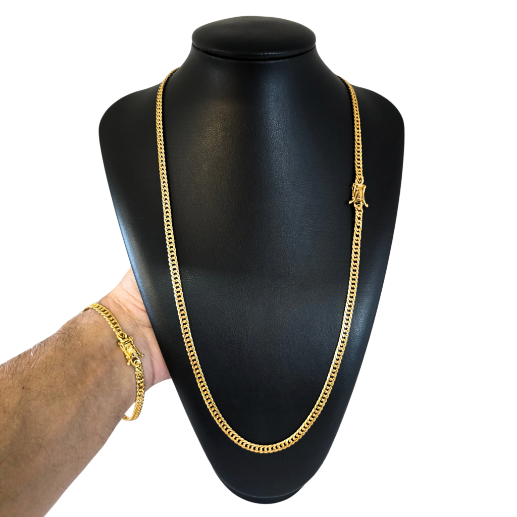Cordão+Pulseira Pitbull 5mm Banhado a Ouro 18k