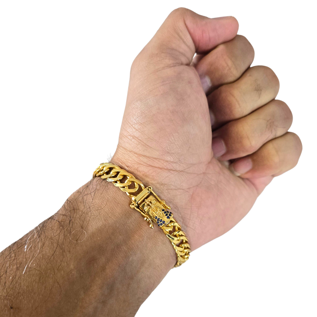 Cordão + Pulseira Grumet 9mm + Pingente Fé Mãos Rezando Banhado a Ouro 18k