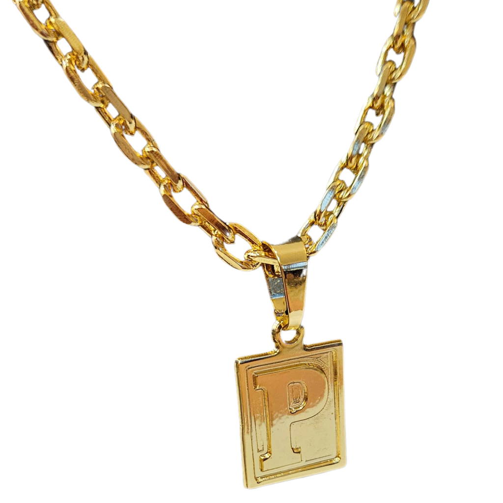 Cordão+Pulseira Cadeado 6mm+Pingente Letra Banhado a ouro 18k