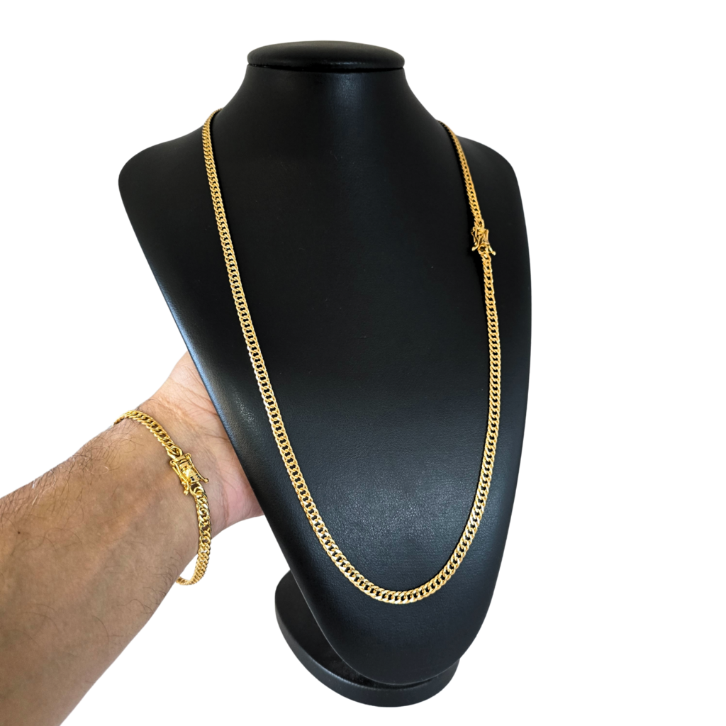 Cordão + Pulseira Grumet 5mm Fecho Santa Banhado a Ouro 18k