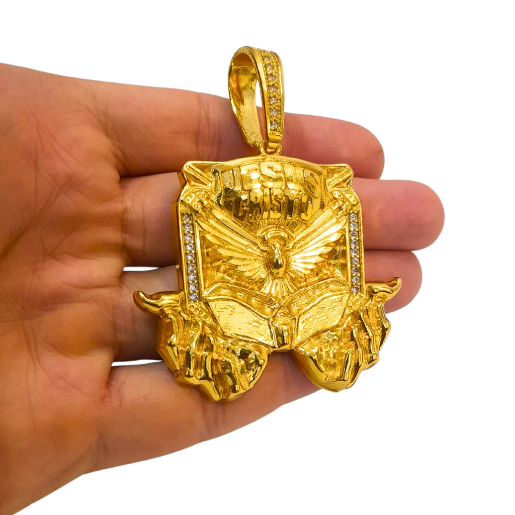 Cordão+Pulseira Romano 15mm Fecho Duplo Pingente Espírito Santo Bíblia Banhado a Ouro 18k
