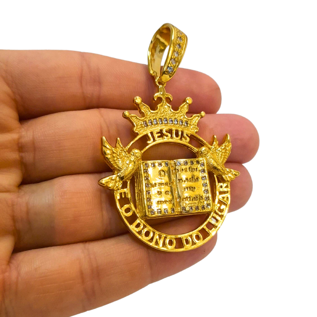 Cordão+Pulseira Grumet Alongado 7mm Fecho Duplo Pingente Coroa Bíblia Versículo "O senhor é meu pastor" Banhado a Ouro 18k