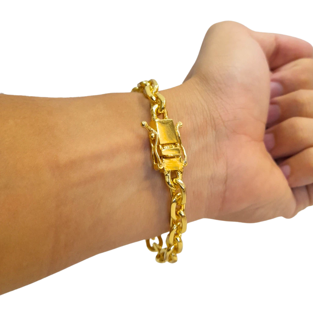 Cordão+Pulseira Cadeado 9mm Fecho Duplo Pingente Coroa Bíblia Versículo "O senhor é meu pastor" Banhado a Ouro 18k