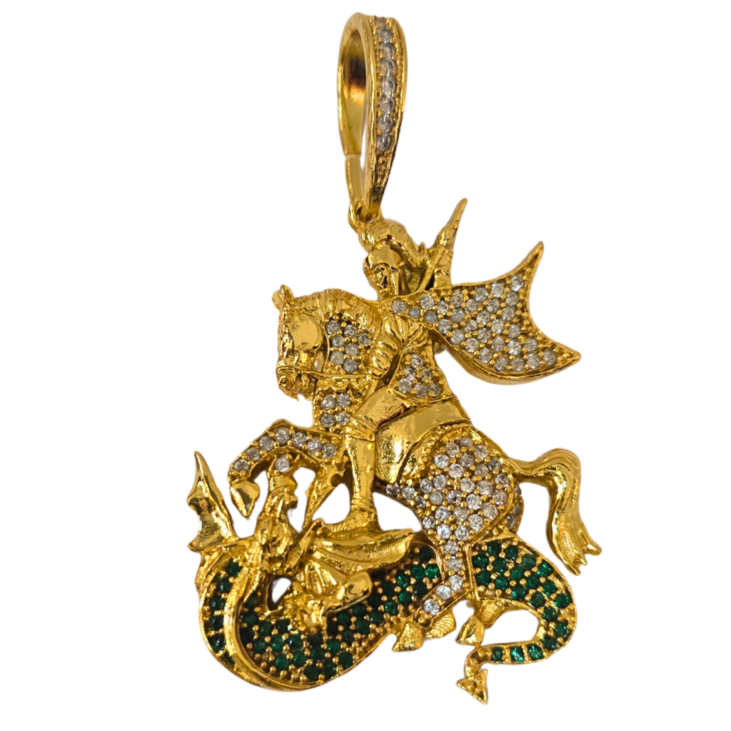 Cordão+Pulseira Grumet 13mm Pingente São Jorge Cravejado Banhado a Ouro 18k