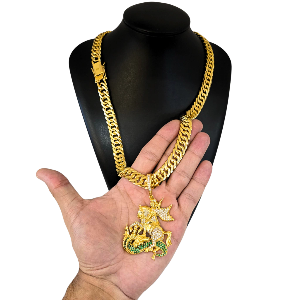 Cordão+Pulseira Grumet 13mm Pingente São Jorge Cravejado Banhado a Ouro 18k
