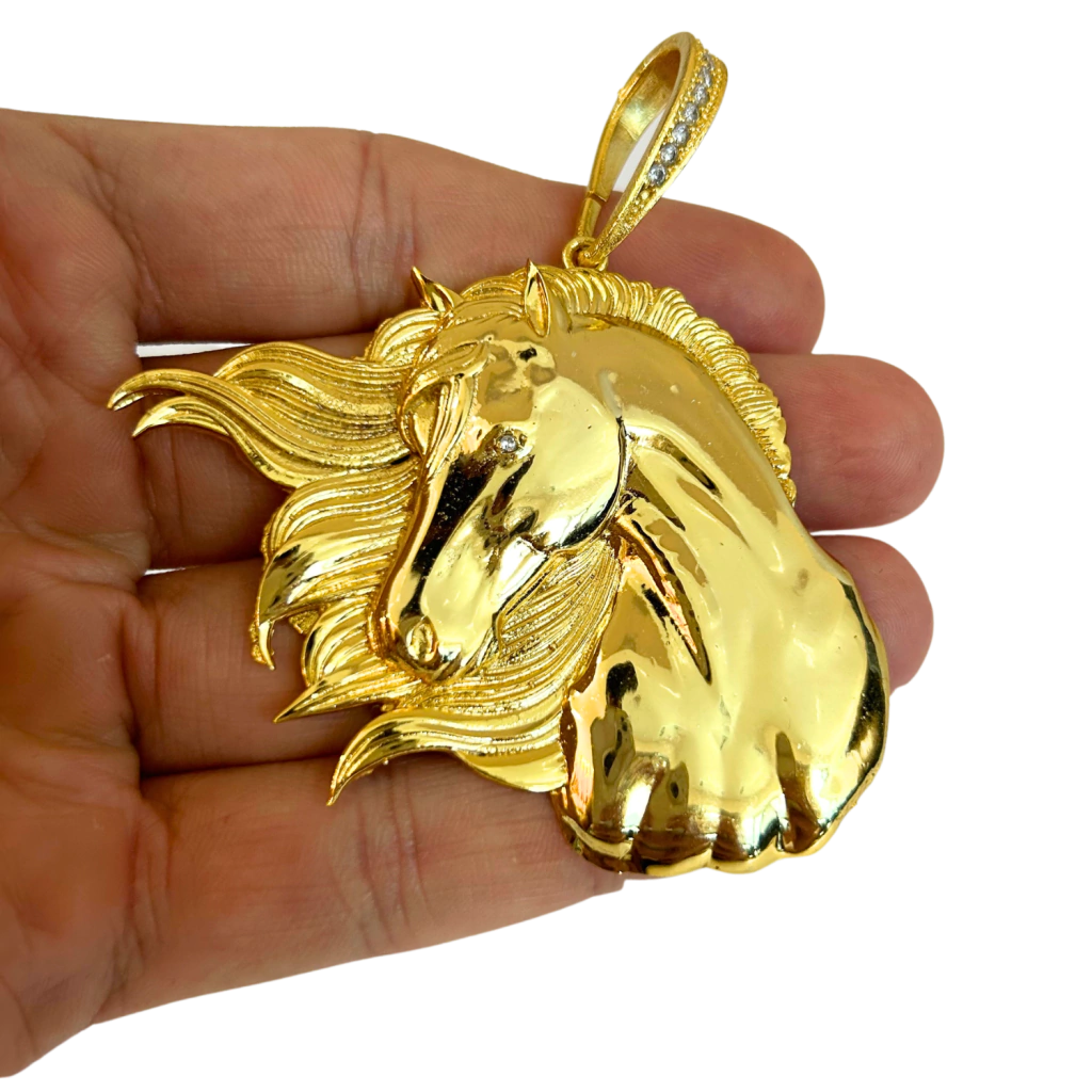 Cordão+Pulseira Dubai 15mm+Pingente Cavalo Égua Pônei Banhado a ouro 18k