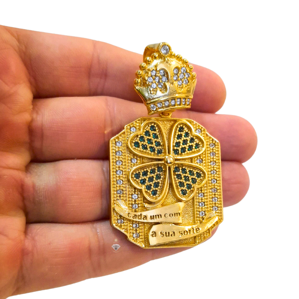 Cordão+Pulseira Cadeado Duplo 10mm+Pingente Trevo da Sorte Banhado a ouro 18k