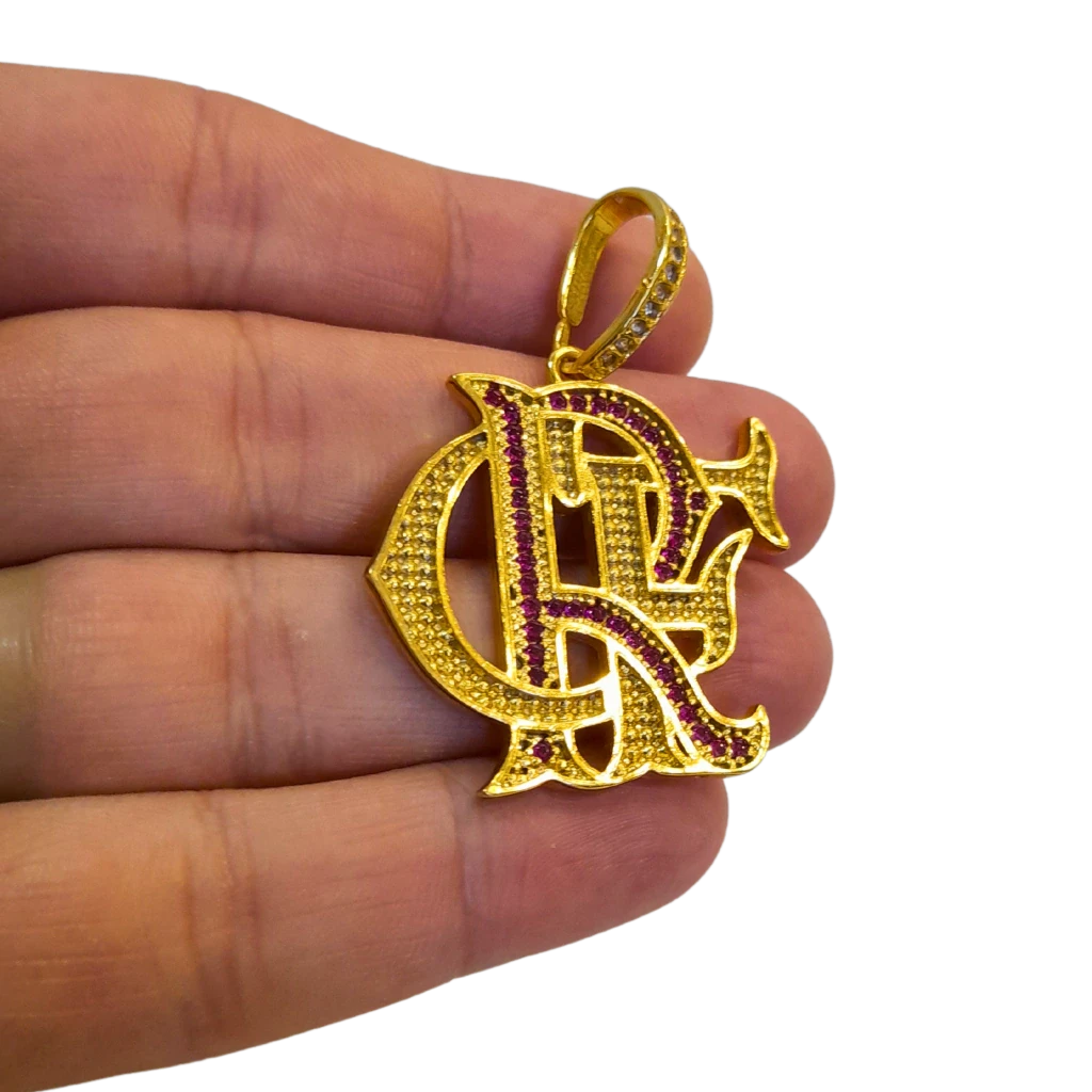 Cordão+Pulseira cadeado 7mm Pingente crf cravejado vermelho banhado a ouro 18k