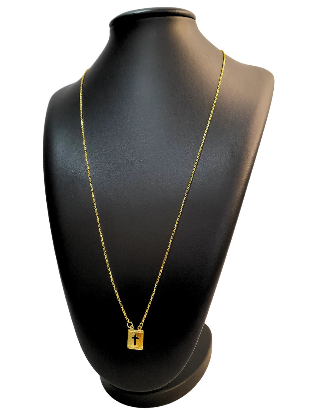 Escapulário Bloquinho 1,7mm Cruz Placa / "Deus é fiel" Banhado a Ouro 18k