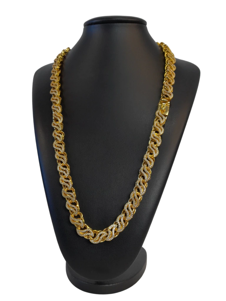 Cordão Friso S 13mm Cravejado Banhado a Ouro 18k