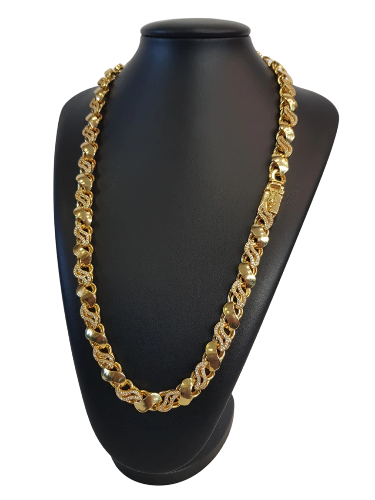 Cordão Friso S 13mm 1 por 1 Cravejado Banhado a Ouro 18k