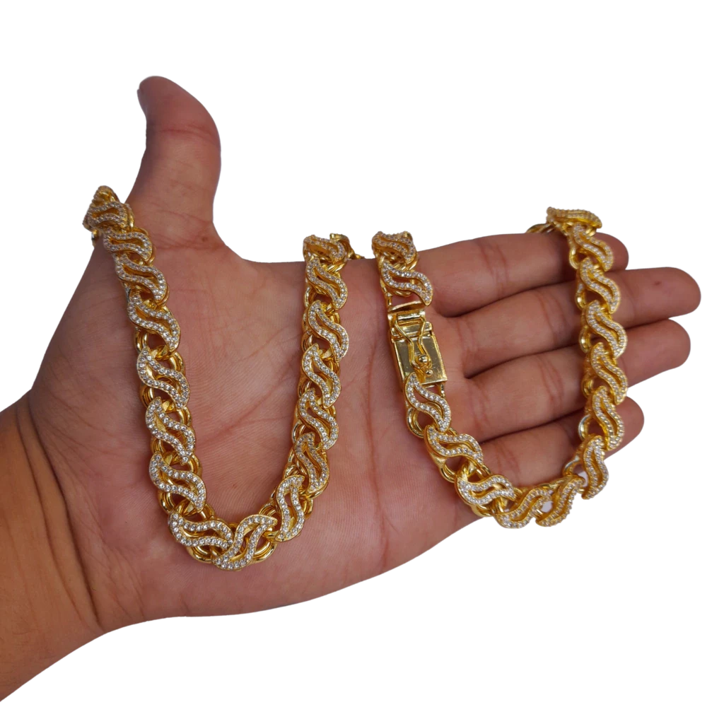 Cordão Friso S 13mm Cravejado Banhado a Ouro 18k