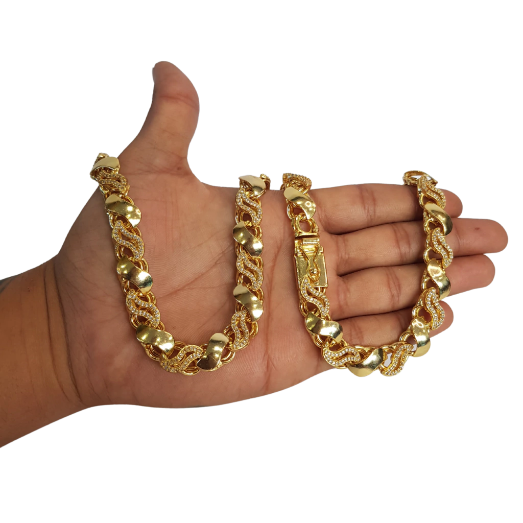 Cordão Friso S 13mm 1 por 1 Cravejado Banhado a Ouro 18k