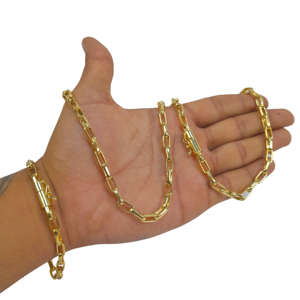 Cordão+Pulseira Meia Cana 7mm Banhado a Ouro 18k