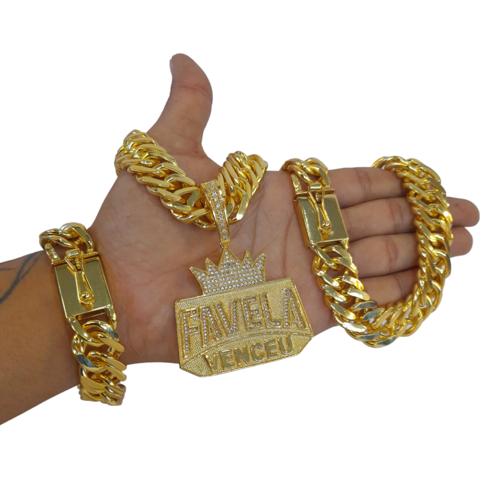 Cordão+Pulseira Grumet Lacraia 20mm Pingente Favela Venceu Placa Banhado a Ouro 18k
