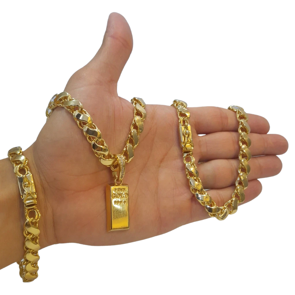 Cordão+Pulseira Friso S 9mm Pingente Barra de Ouro Banhado a Ouro 18k