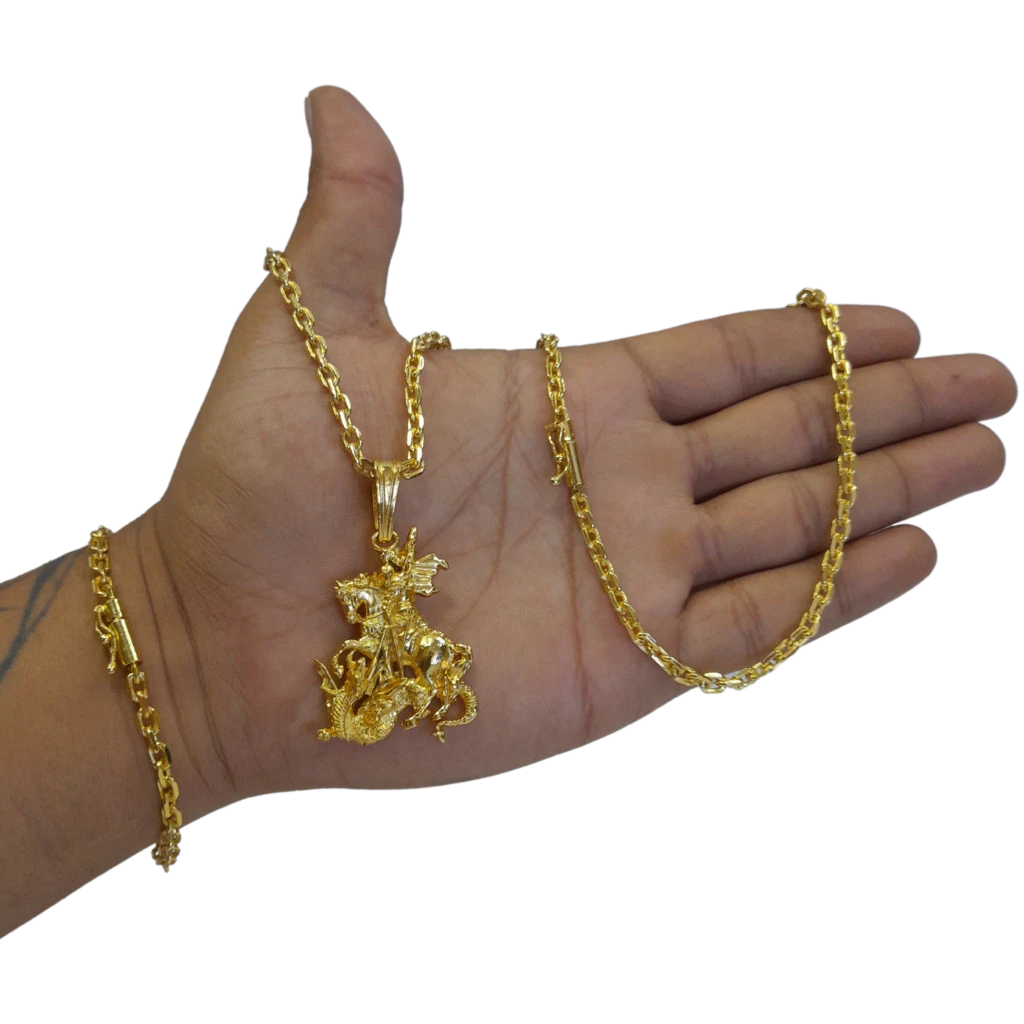 Cordão+Pulseira Cadeado 4mm Pingente São Jorge Banhado a Ouro 18k
