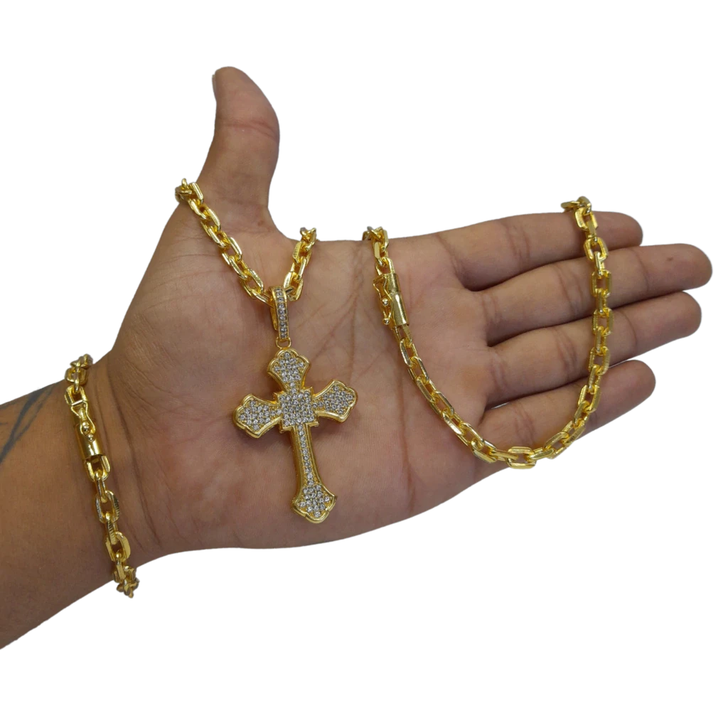 Cordão+Pulseira Cadeado 7mm Pingente Cruz Cravejada Banhado a Ouro 18k