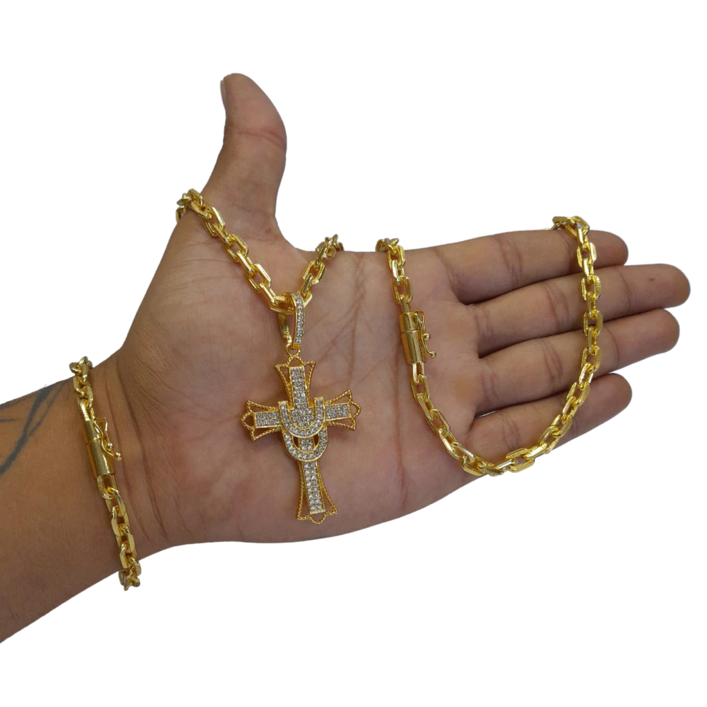 Cordão+Pulseira Cadeado 7mm Pingente Cruz Lenço Cravejado Banhado a Ouro 18k