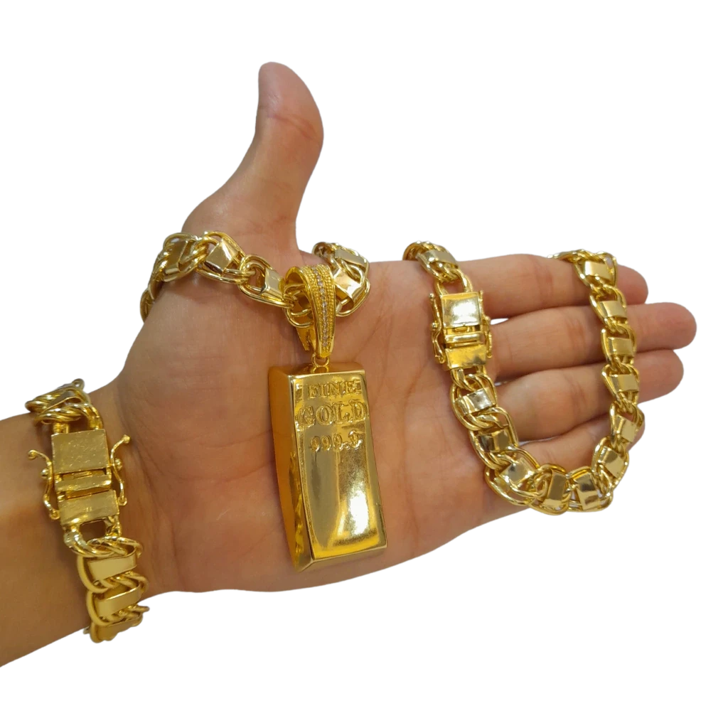 Cordão+Pulseira Dubai 15mm Pingente Barra de Ouro Banhado a Ouro 18k