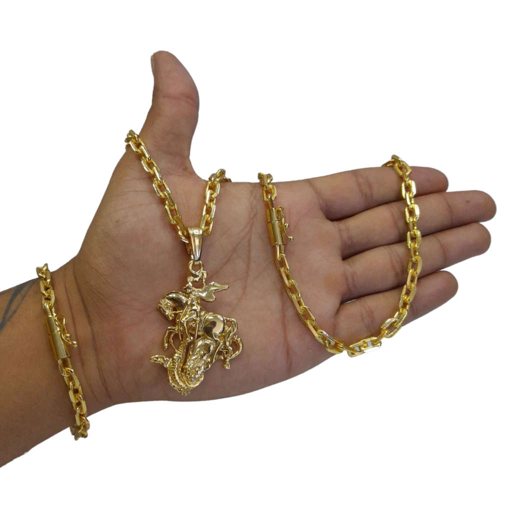Cordão+Pulseira Cadeado 7mm Pingente São Jorge Banhado a Ouro 18k
