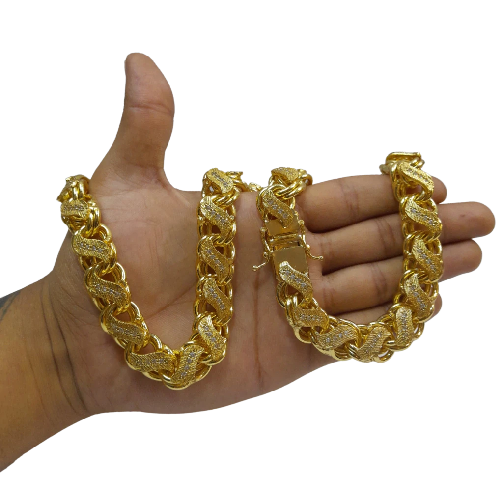 Cordão Friso S 16mm Cravejado Banhado a Ouro 18k