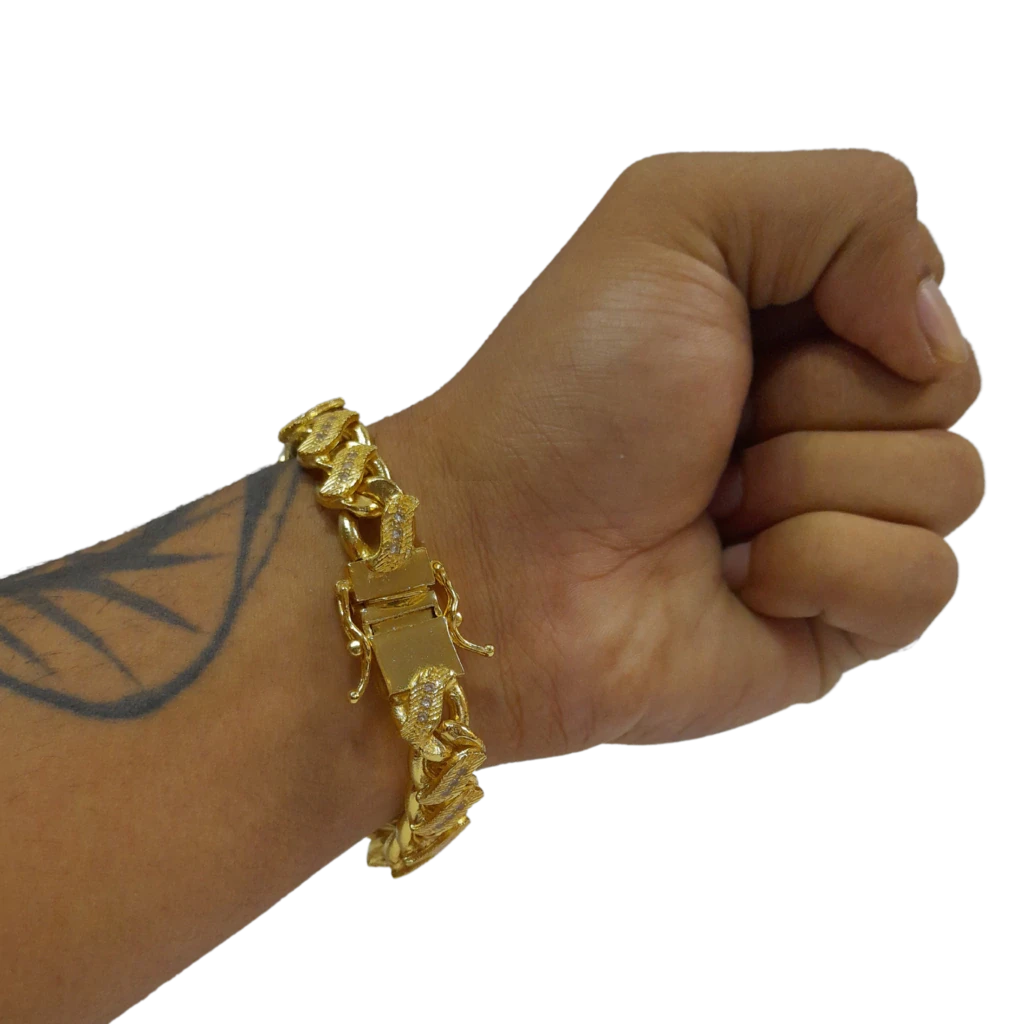 Cordão+Pulseira Pitbull Grumet S 13mm Cravejado Pingente Nossa Senhora Mega Banhado a Ouro 18k