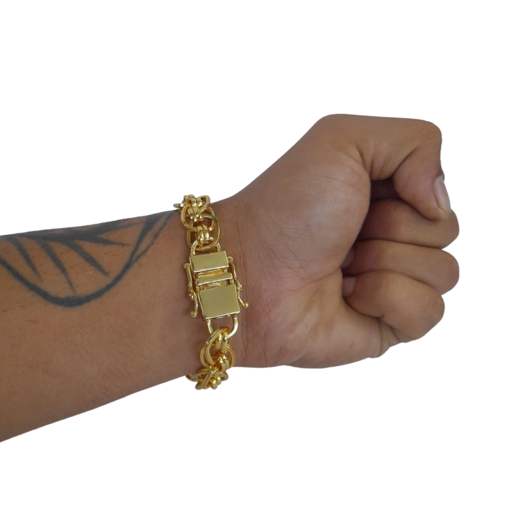 Cordão+Pulseira Imperador 13mm Fecho Duplo Pingente Nossa Senhora Coração Louros Banhado a Ouro 18k