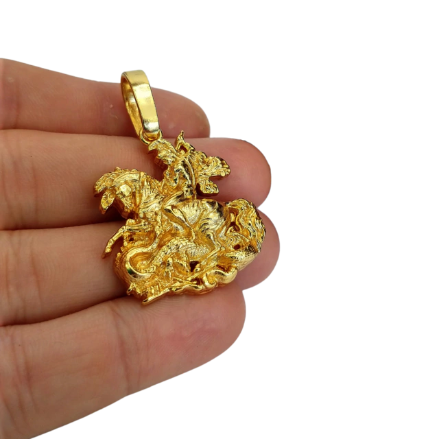 Cordão+Pulseira Cadeado 4mm Pingente São Jorge Banhado a Ouro 18k