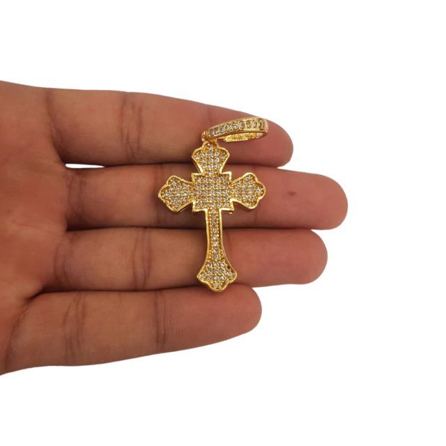 Cordão+Pulseira Cadeado 7mm Pingente Cruz Cravejada Banhado a Ouro 18k