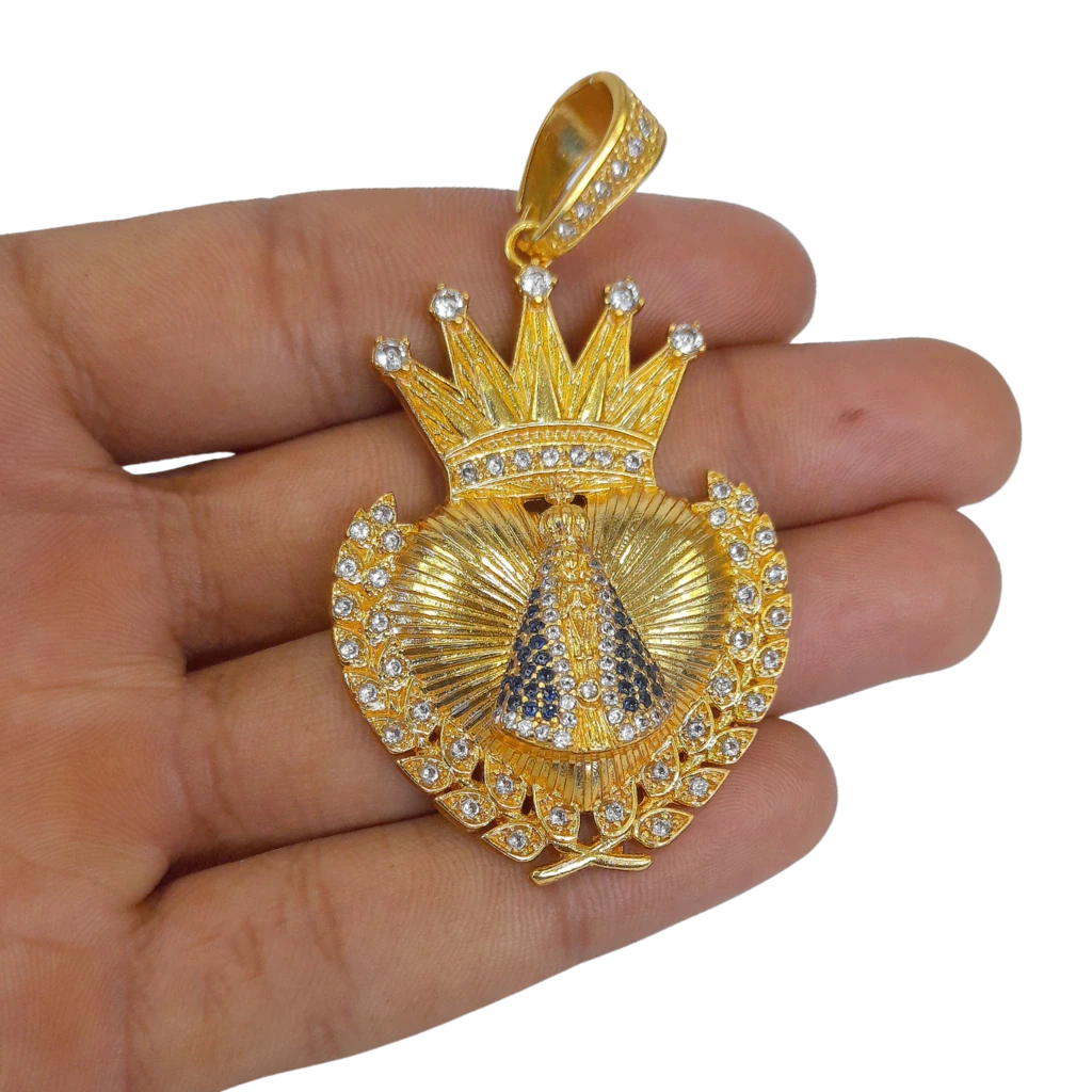 Cordão+Pulseira Imperador 13mm Fecho Duplo Pingente Nossa Senhora Coração Louros Banhado a Ouro 18k