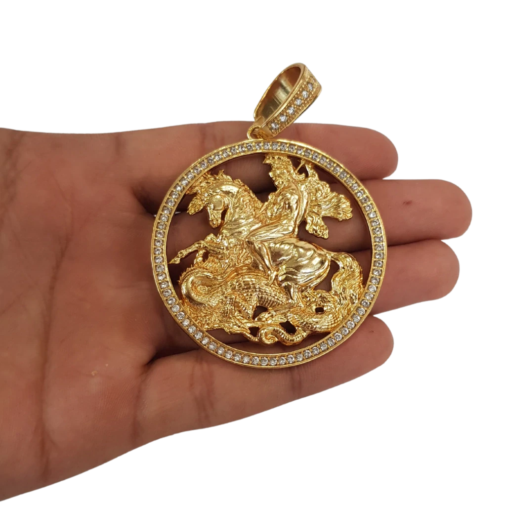 8Cordão+Pulseira Friso S 16mm Cravejado Pingente São Jorge Mega Banhado a Ouro 18k