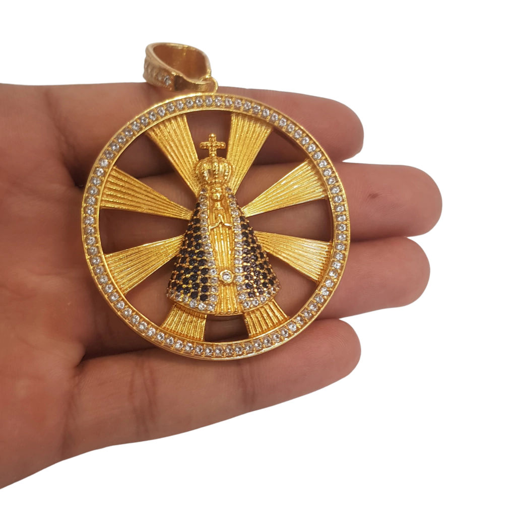 Cordão+Pulseira Pitbull Grumet S 13mm Cravejado Pingente Nossa Senhora Mega Banhado a Ouro 18k