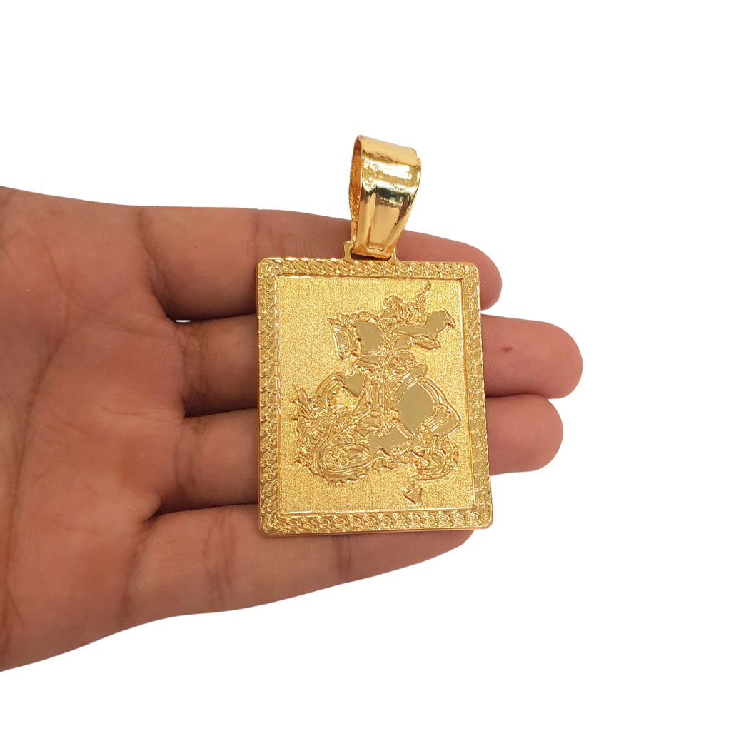 Cordão+Pulseira Grumet 13mm Pingente São Jorge Placa Banhado a Ouro 18k