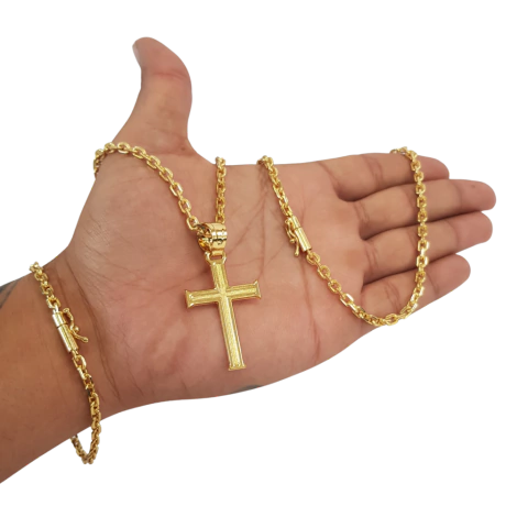 Cordão+Pulseira Cadeado 3mm Pingente Cruz Templaria Banhado Ouro 18k