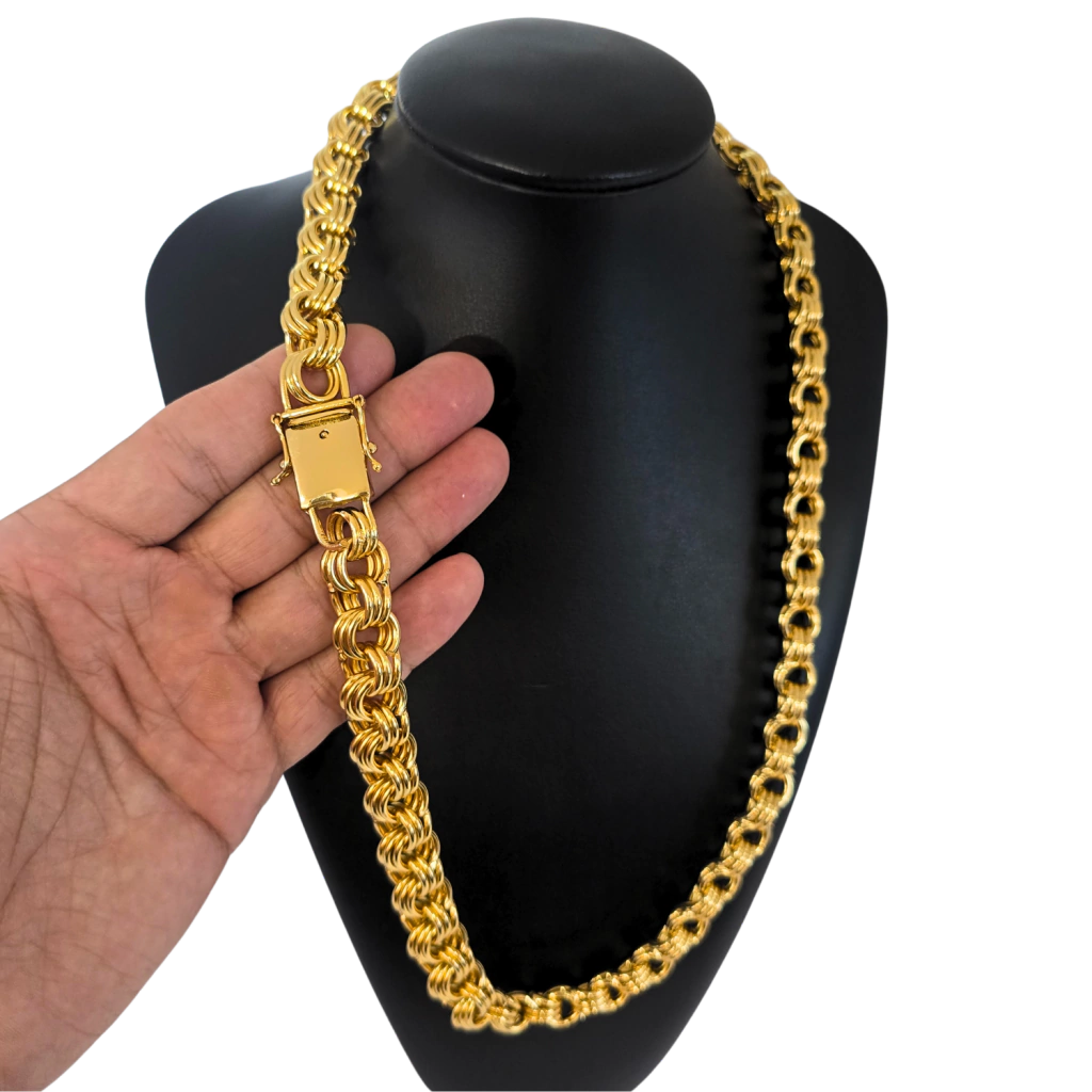 Cordão Friso Triplo 13mm Banhado A Ouro 18k