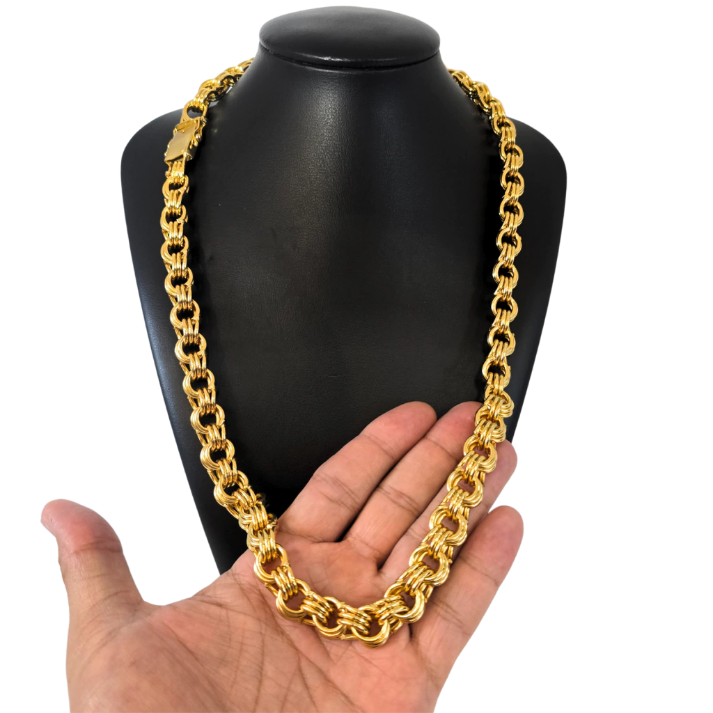Cordão Friso Triplo 13mm Banhado A Ouro 18k