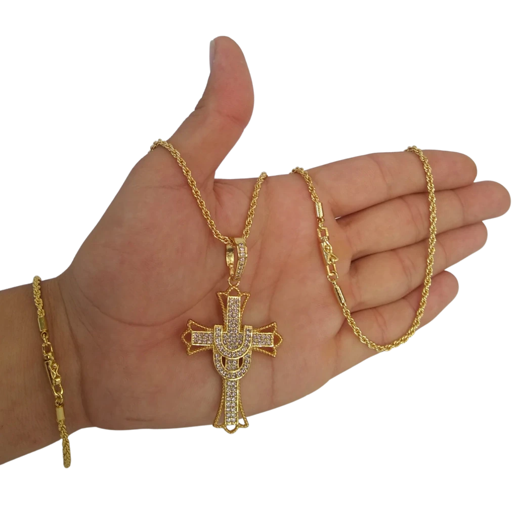 Cordão+Pulseira Baiano Pingente Cruz Banhado a Ouro 18k