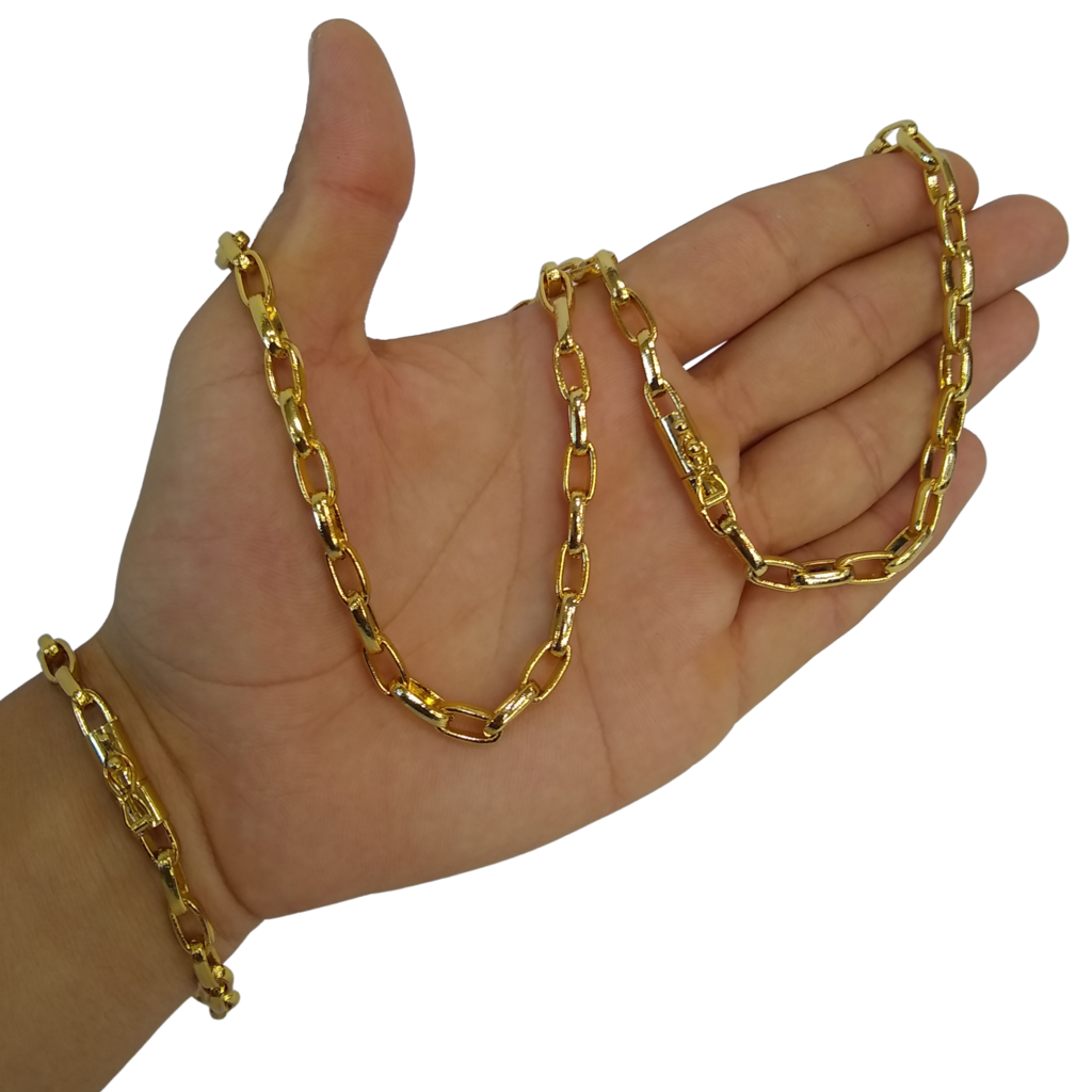 Cordão+Pulseira Tijolinho Meia Cana 7mm Banhado Ouro 18k