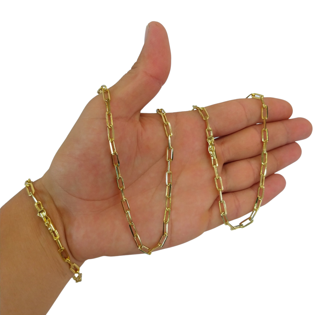 Cordão+Pulseira Tijolinho 4mm Banhado a Ouro 18k