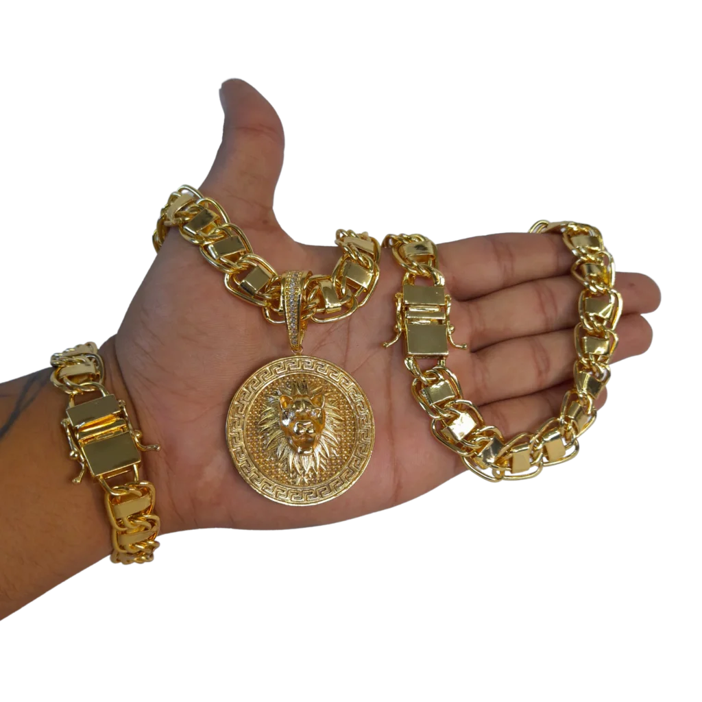 Cordão+Pulseira Dubai 15mm Pingente Leão 3D Banhado a Ouro 18k