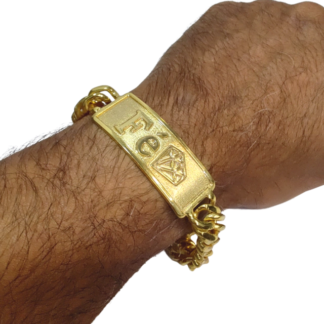Pulseira Placa Fé Diamante - Grumet 13mm - Fecho Gaveta - Banhado a Ouro 18k