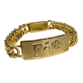 Pulseira Placa Fé Diamante - Grumet 13mm - Fecho Gaveta - Banhado a Ouro 18k