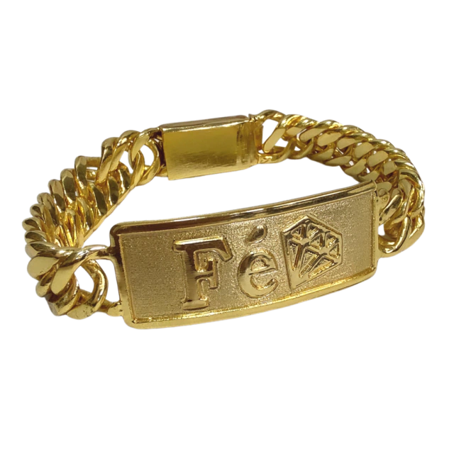 Pulseira Placa Fé Diamante - Grumet 13mm - Fecho Gaveta - Banhado a Ouro 18k