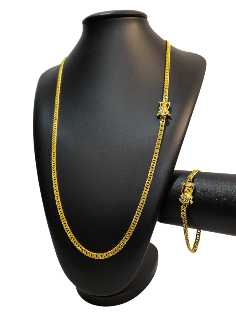 Cordão+Pulseira Grumet Lacraia 5mm Fecho Nossa Senhora Banhado a Ouro 18k