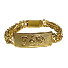 Pulseira Placa Fé Diamante - Grumet 13mm - Fecho Gaveta - Banhado a Ouro 18k